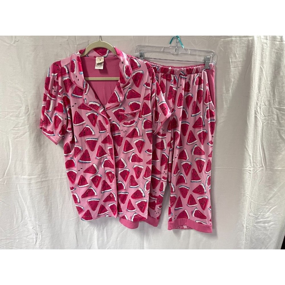 Munki Munki Watermelon Pajama 2 Piece Set Top and Capris Large Pink Red